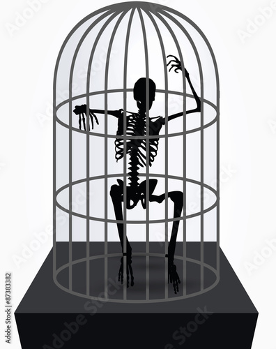 skeleton silhouette in sitting in cage