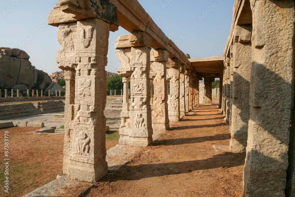 Pillars of ruined temple in hampi
