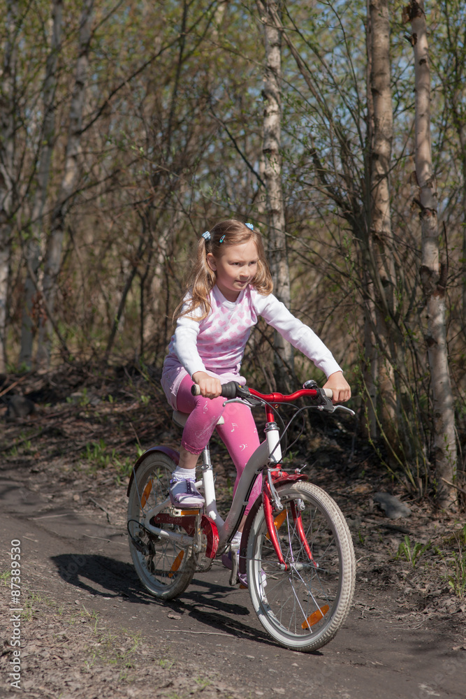 Fototapeta premium little girl rides a bicycle