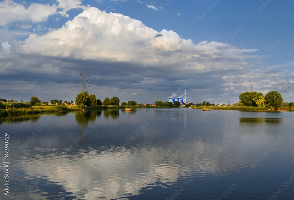 Power plant in the evening on the Odra river near Opole