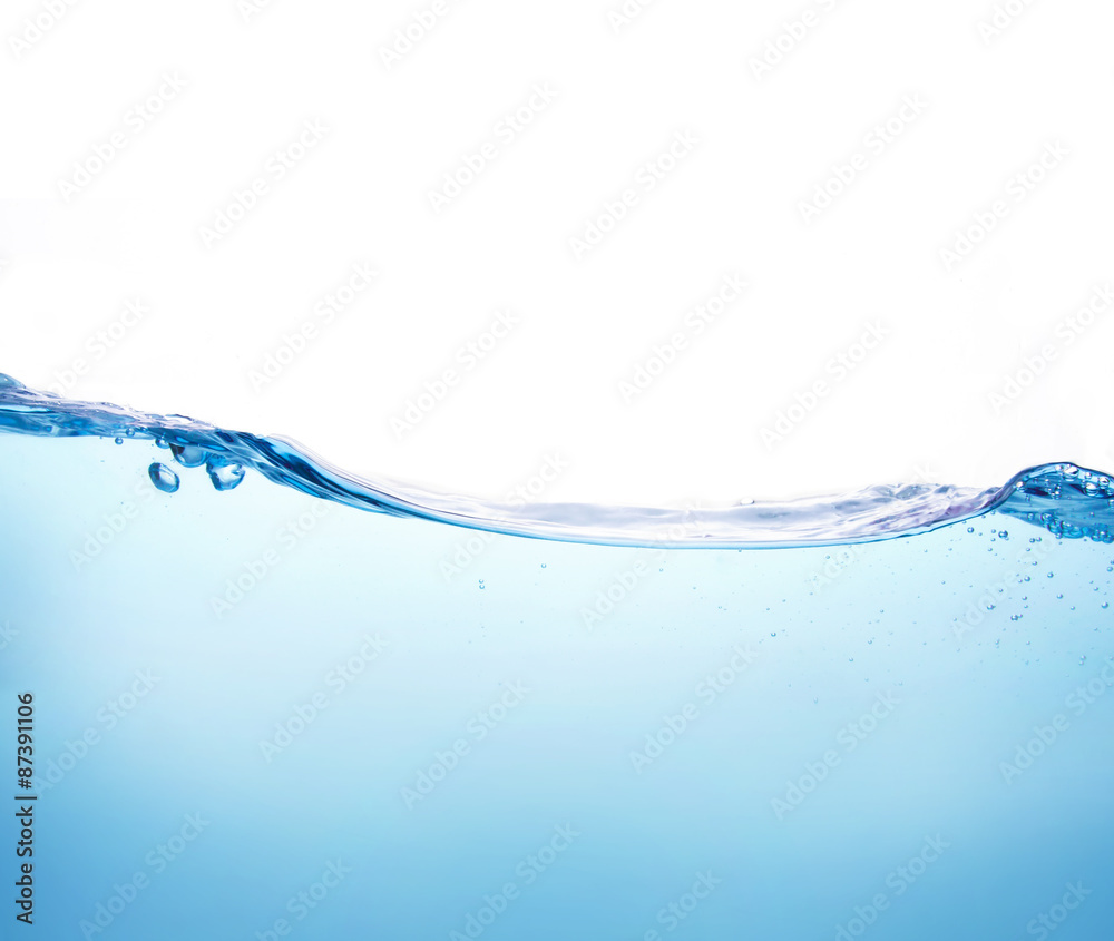 Close up blue Water splash with bubbles on white background - obrazy, fototapety, plakaty 