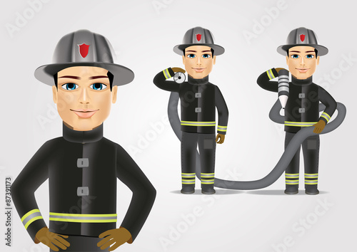 firefighter in black uniform with fire hose