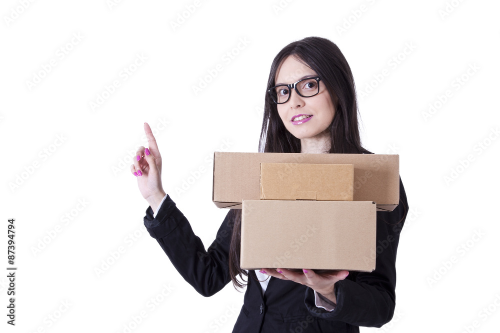 businesswoman with cardboard packages businesswoman with cardboard packages