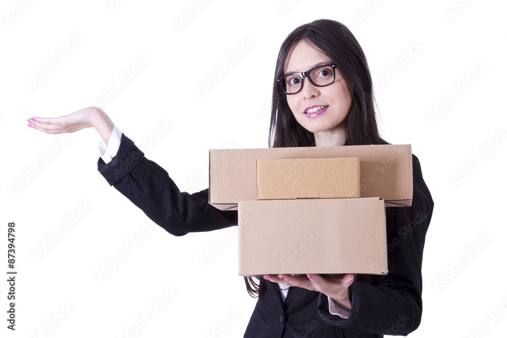 businesswoman with cardboard packages businesswoman with cardboard packages