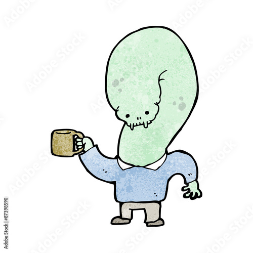 cartoon mutant monster with cup of coffee
