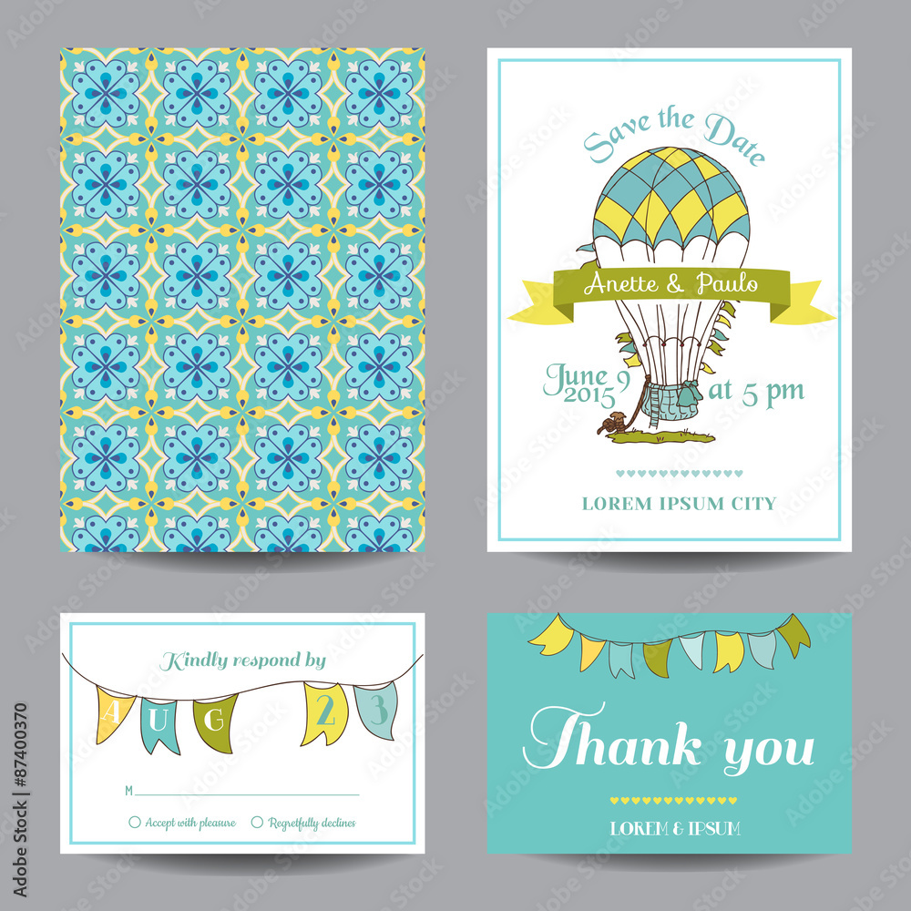 Naklejka premium Wedding Invitation Card - Air Balloon Theme - in vector