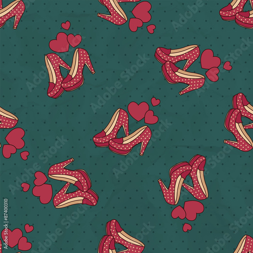 seamless background of red shoes with polka dots