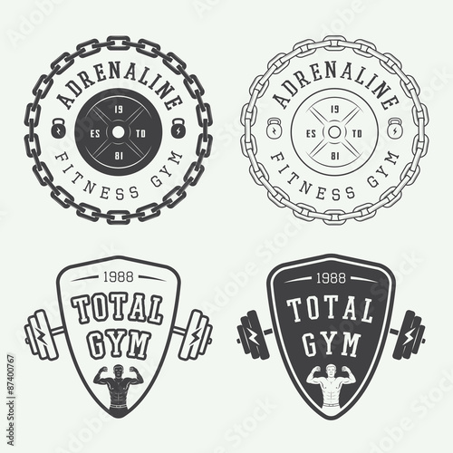 Set of gym logos, labels and badges in vintage style
