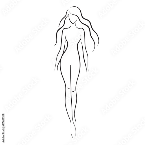 Silhouette of beautiful nude woman vector illustration. Fashion girl with long hair isolated. Beauty logo.