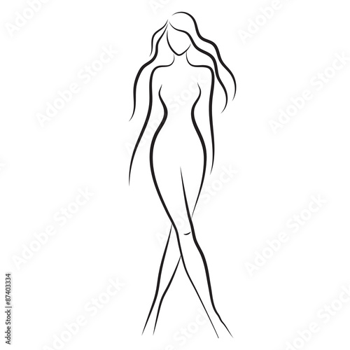 Silhouette of beautiful nude woman vector illustration. Fashion girl with long hair isolated. Beauty logo.