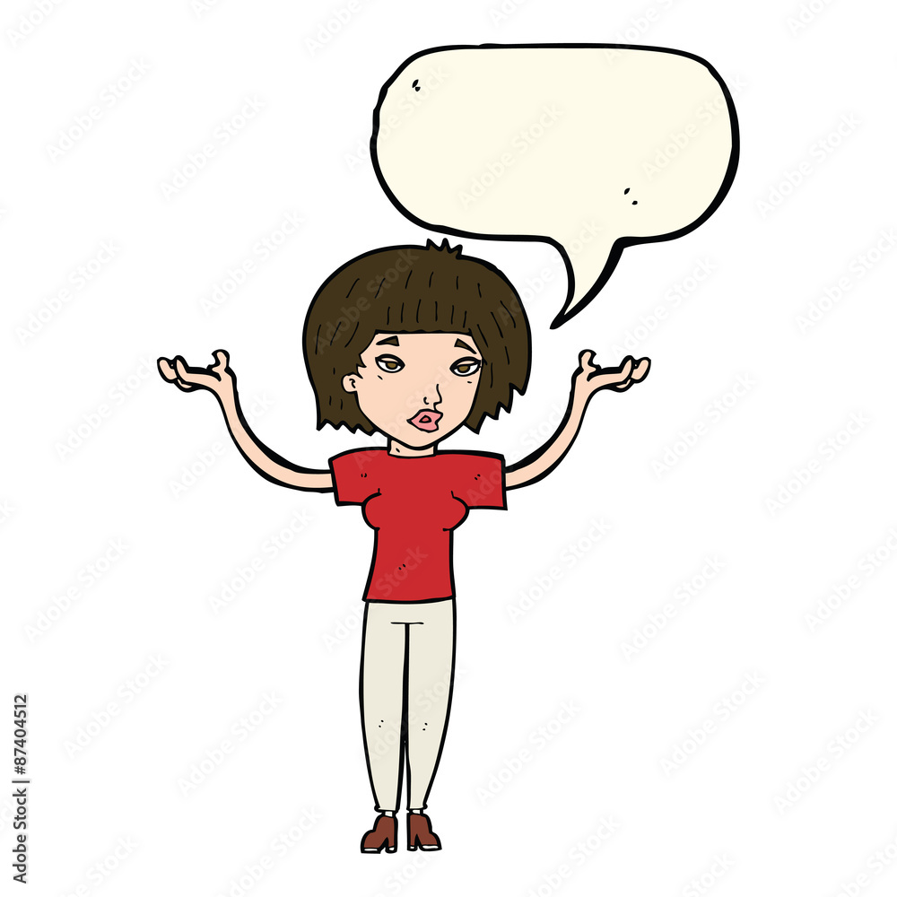 cartoon woman shrugging shoulders with speech bubble cartoon woman shrugging shoulders with speech bubble
