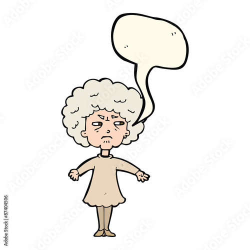cartoon bitter old woman with speech bubble