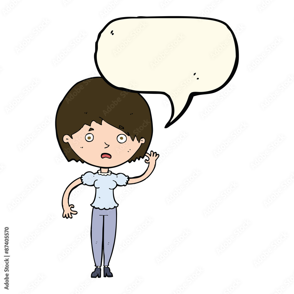 cartoon waving woman with speech bubble cartoon waving woman with speech bubble