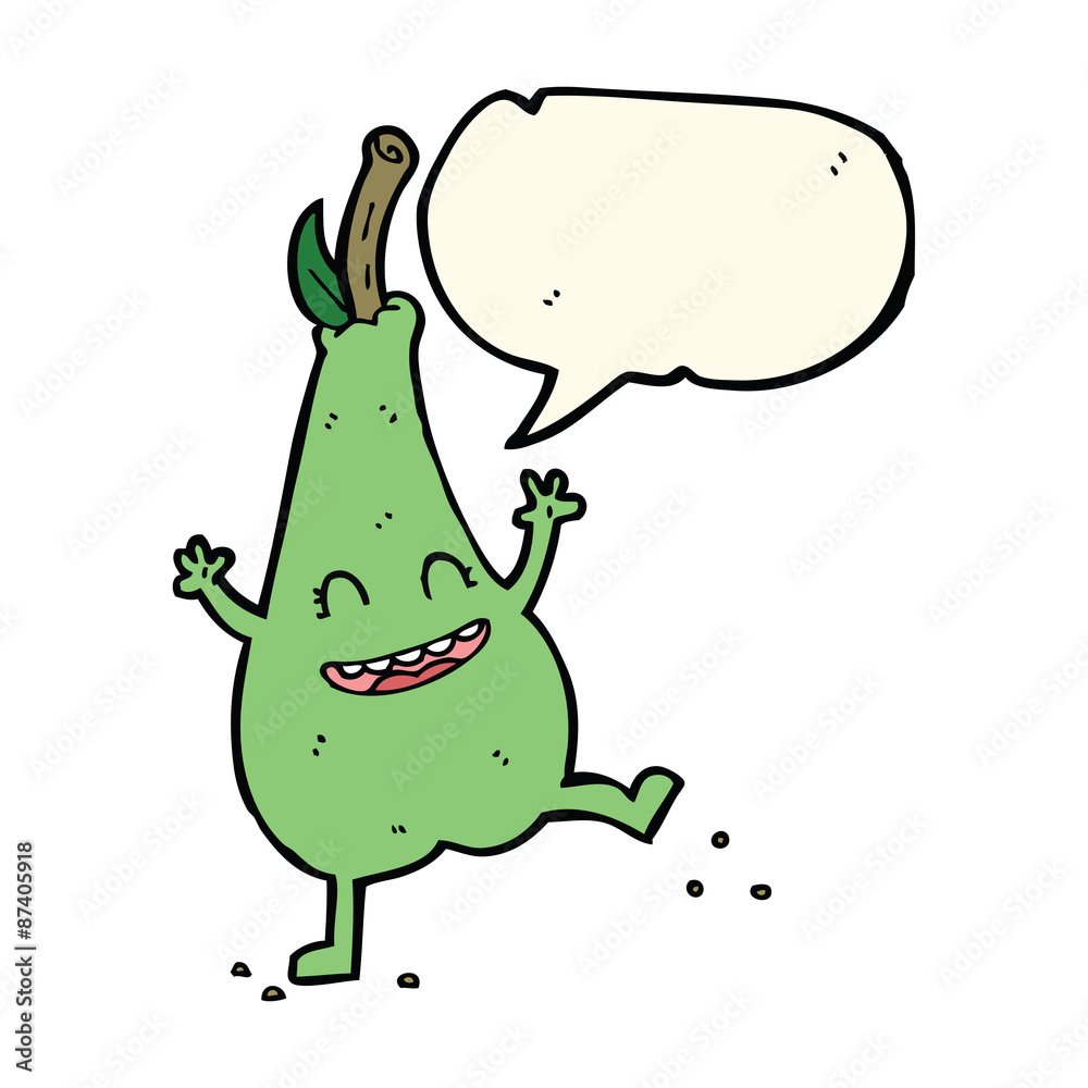 Obraz premium cartoon happy dancing pear with speech bubble