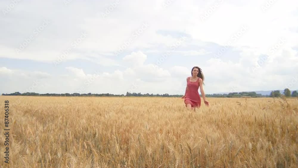 Beautiful Brunette Runs Through a Wheat Field Beautiful Brunette Runs Through a Wheat Field