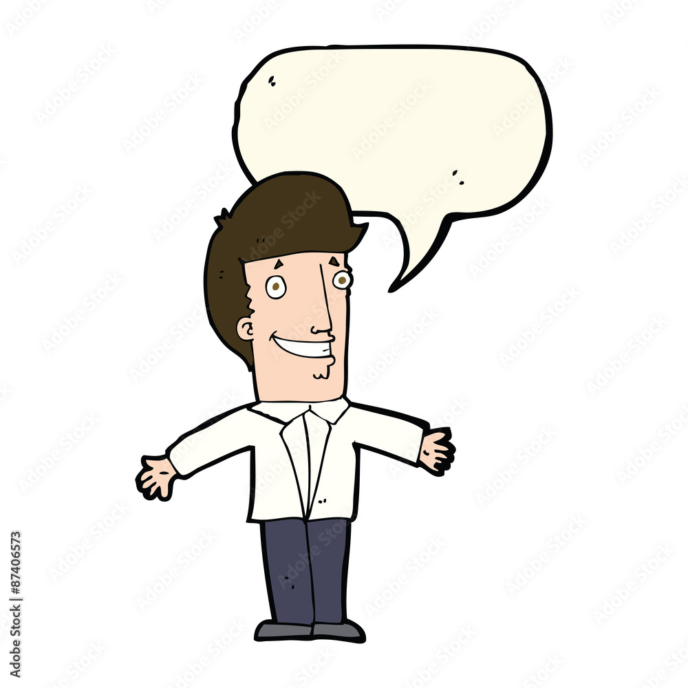 cartoon grining man with open arms with speech bubble cartoon grining man with open arms with speech bubble