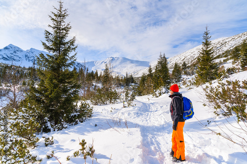 Obraz na płótnie Young woman backpacker tourist on hiking trail in winter landscape of Gasienicowa valley, Tatra Mountains, Poland w salonie