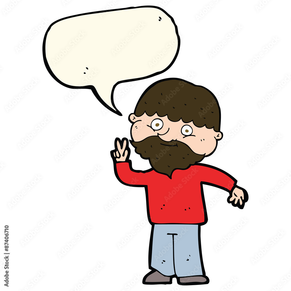 cartoon man giving peace sign with speech bubble