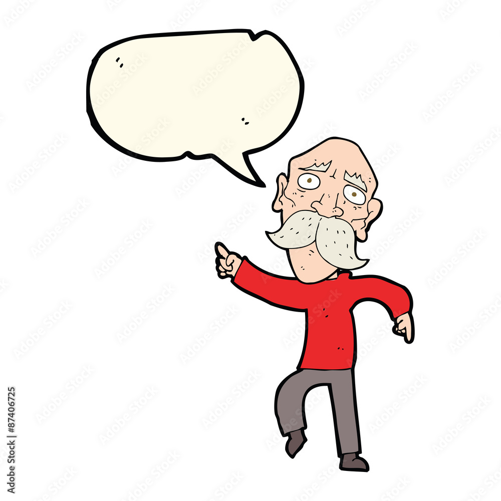 cartoon sad old man pointing with speech bubble