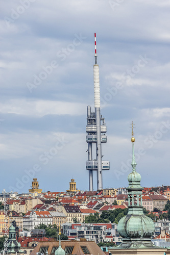 Aerial view: Traditional red roofed Houses in Prague. Czech Rep.