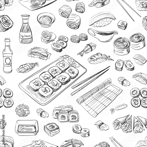 Sushi and rolls seamless pattern