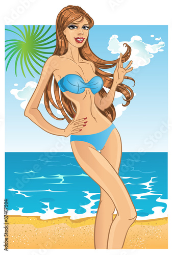 Pretty blond woman with gorgeous health hair in blue swimsuit on