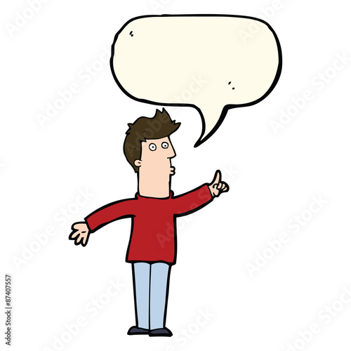 cartoon man advising caution with speech bubble