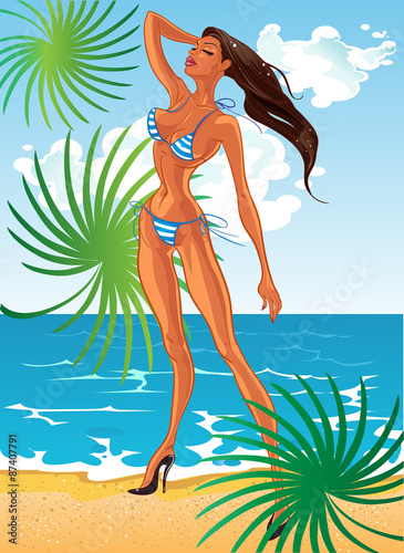 Tan sexy lady in swimsuit at sunny beach