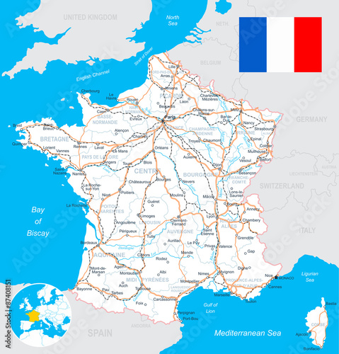 France map, flag, roads. Highly detailed vector illustration containing layers with land contours, country and land names, city names, water object names, flag, roads, railways.