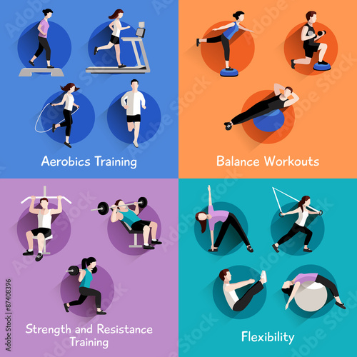 Fitness 4 flat icons square banner