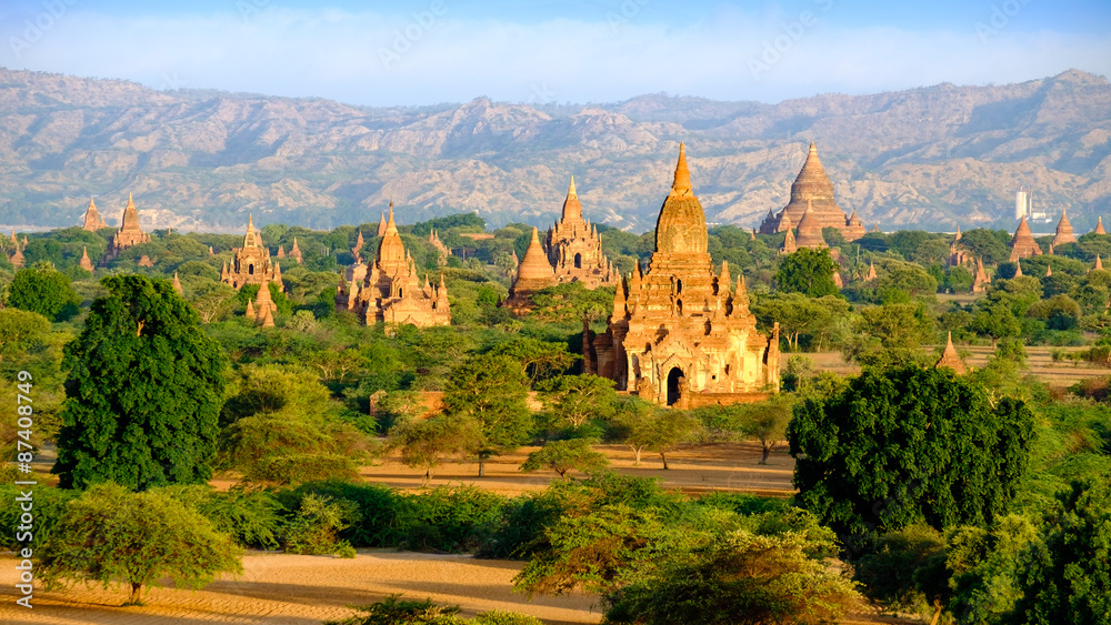 Sunrise landscape view of beautiful old temples in Bagan, Myanma