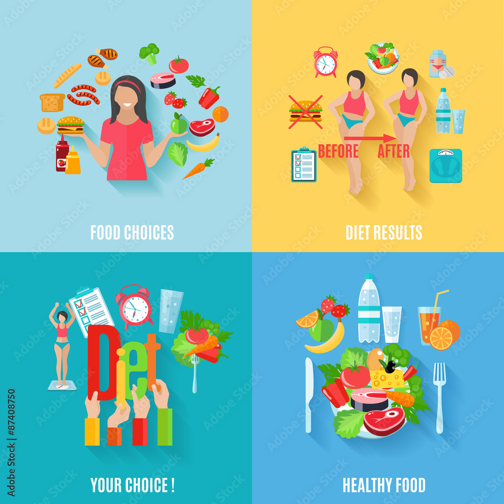 Diet 4 flat icons square banner Diet 4 flat icons square banner