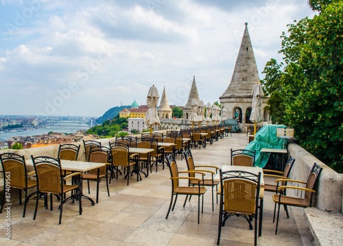 Canvas Print View over restaurant on the top of halszbastya - fishermans bastion in hungarian capital budapest