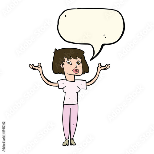 cartoon woman holding up hands with speech bubble