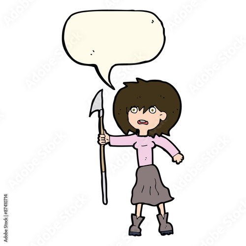 cartoon woman with harpoon with speech bubble