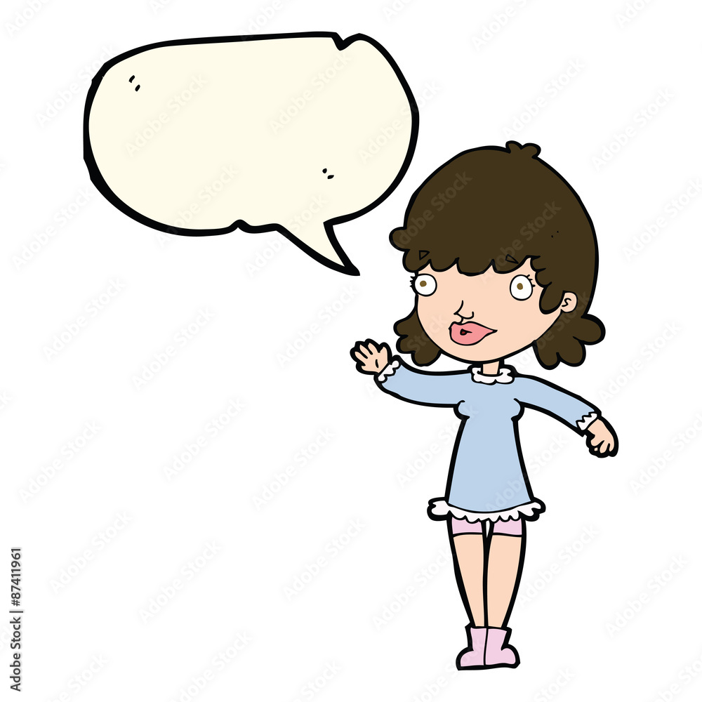 cartoon woman waving with speech bubble cartoon woman waving with speech bubble