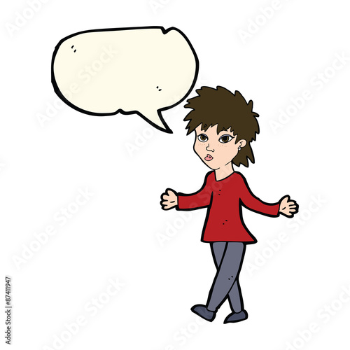 cartoon woman shrugging shoulders with speech bubble