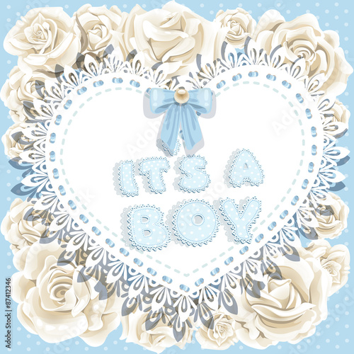 it`s a boy baby shower on heart and roses background