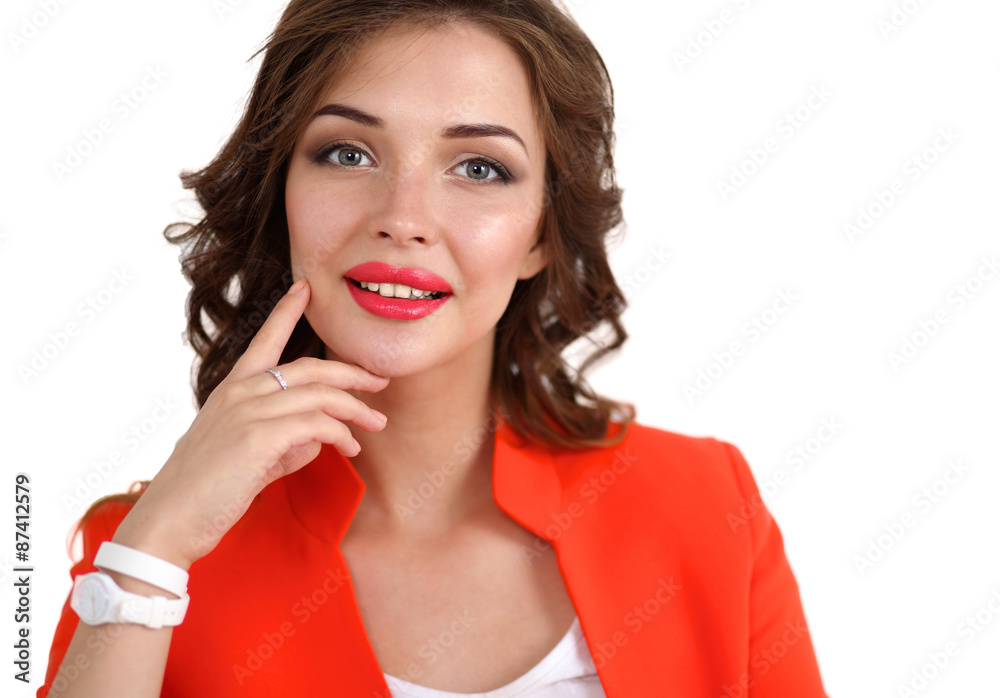 Portrait of happy smiling beautiful woman wearing a red jacket Portrait of happy smiling beautiful woman wearing a red jacket