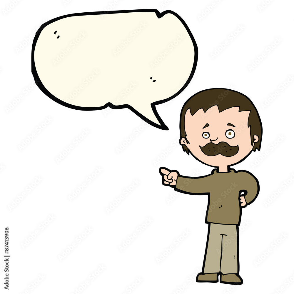 cartoon man with mustache pointing with speech bubble cartoon man with mustache pointing with speech bubble