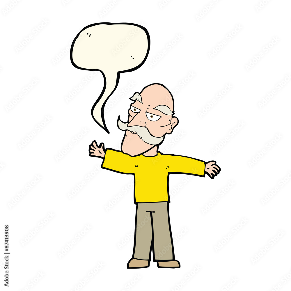 cartoon old man spreading arms wide with speech bubble