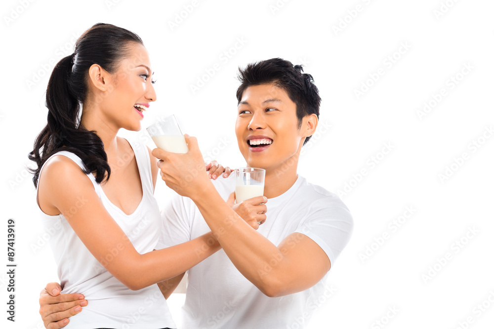 Asian Chinese couple drinking milk living healthy Asian Chinese couple drinking milk living healthy