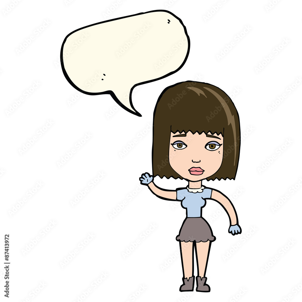cartoon waving woman with speech bubble cartoon waving woman with speech bubble