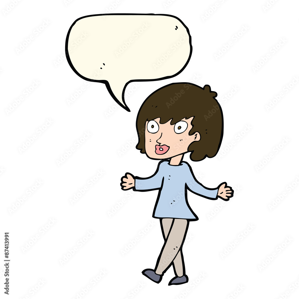 cartoon woman with open arms with speech bubble cartoon woman with open arms with speech bubble
