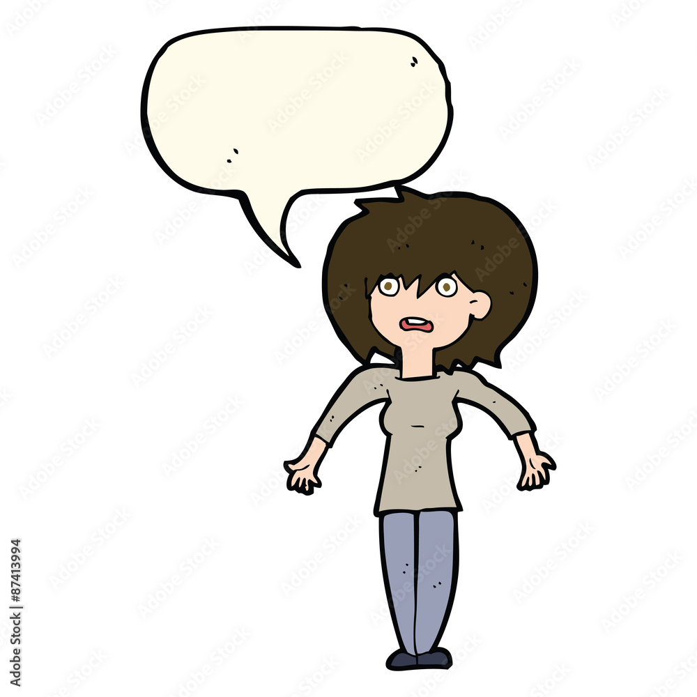 cartoon woman shrugging shoulders with speech bubble cartoon woman shrugging shoulders with speech bubble