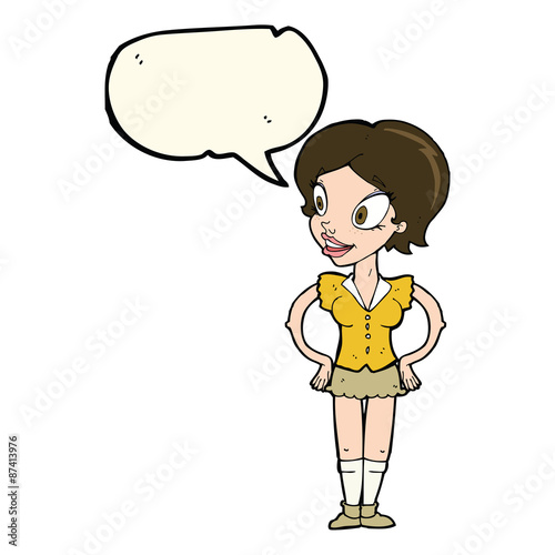 cartoon happy woman in short skirt with speech bubble