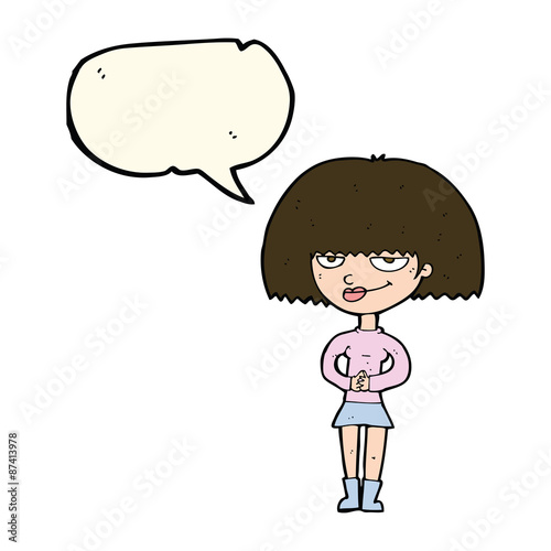 cartoon sly woman with speech bubble