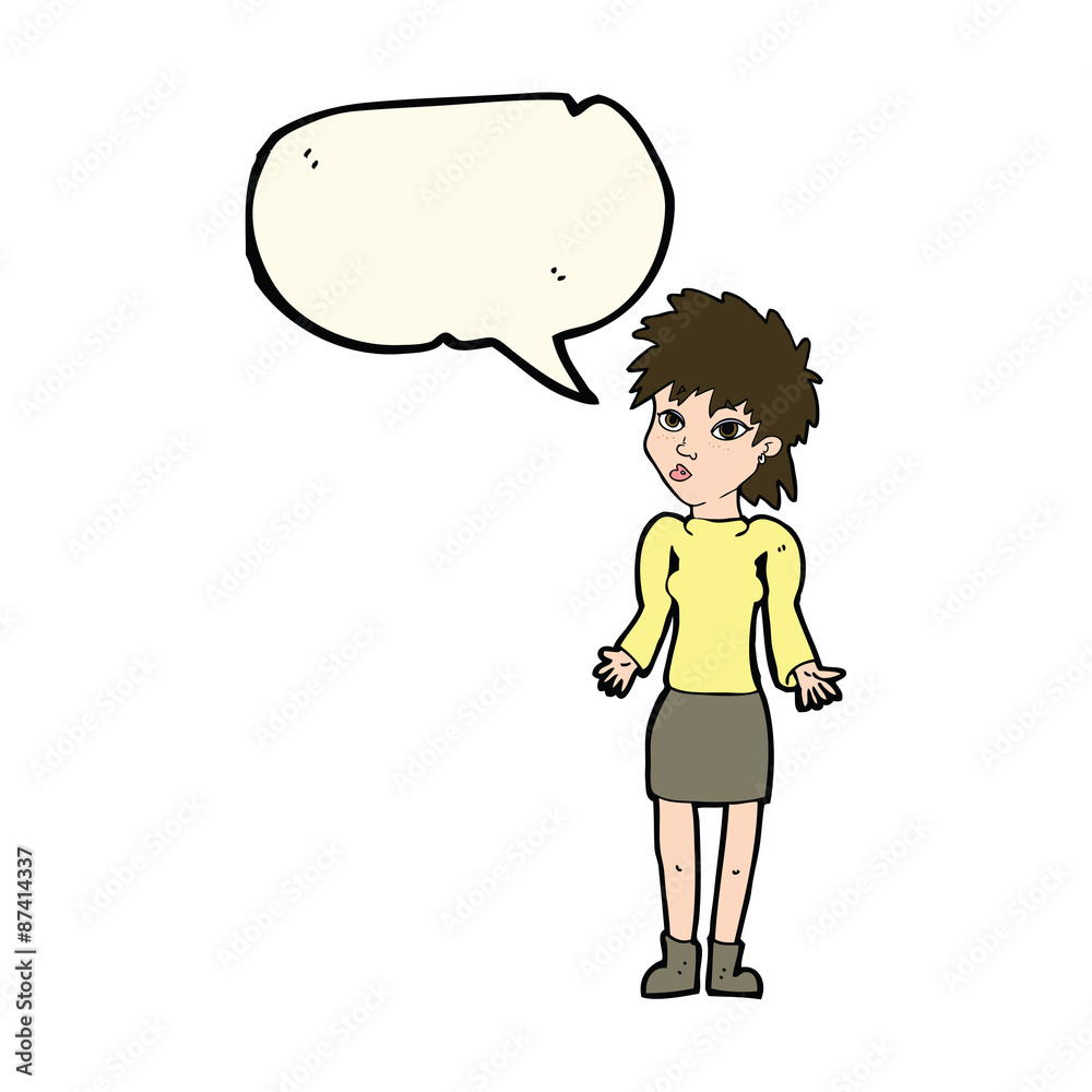 cartoon woman shrugging shoulders with speech bubble cartoon woman shrugging shoulders with speech bubble