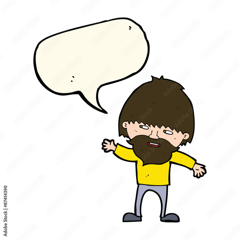 cartoon happy bearded man waving with speech bubble cartoon happy bearded man waving with speech bubble