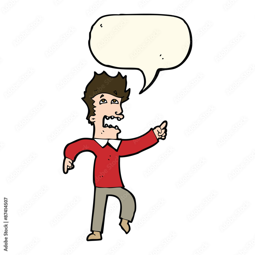 cartoon frightened man pointing with speech bubble